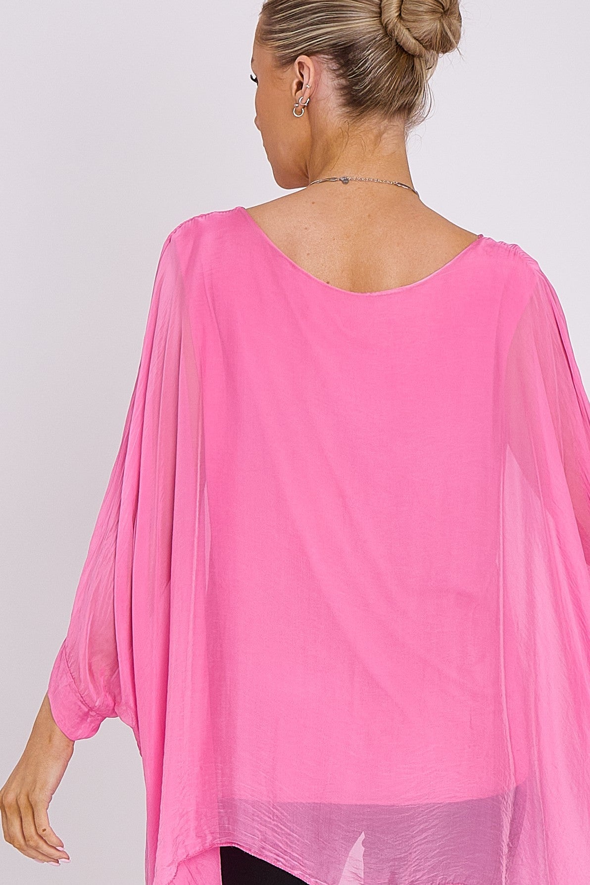Pink Silk Batwing Sleeve Top Blouse-3