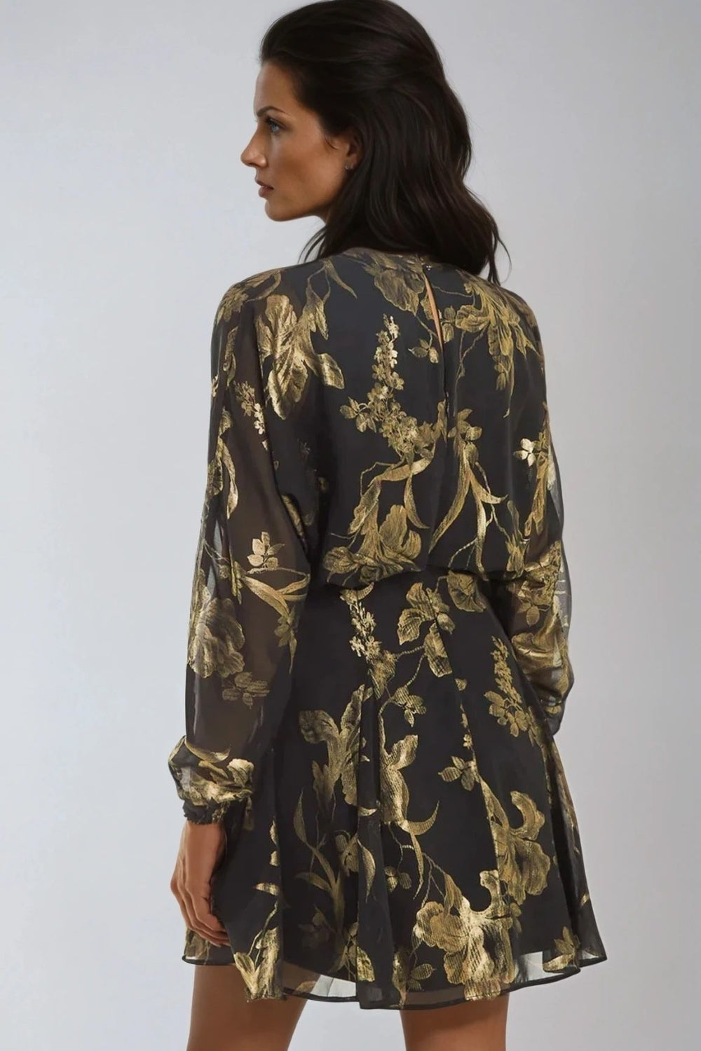 Black Gold Keyhole Foil Floral Detail Mini Dress-3