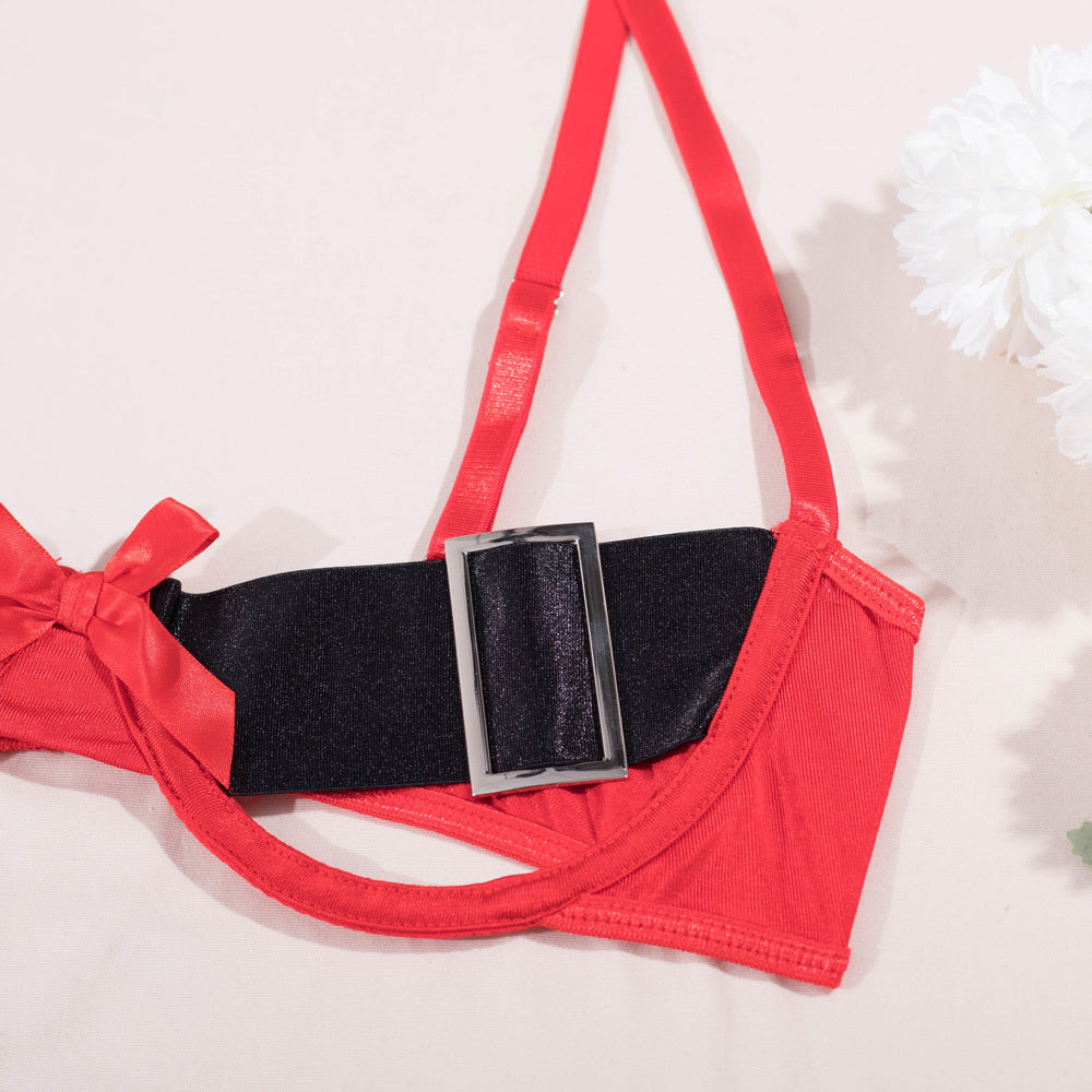 Stunning Christmas Cutout Bra Set with Bows and Wide Belt Bra Details