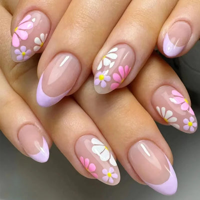 24 Pcs Pink Floral French Tip Press-On Nails-0