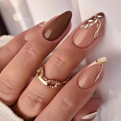 24Pcs Medium Almond Brown Leaf Press-On Nails-0