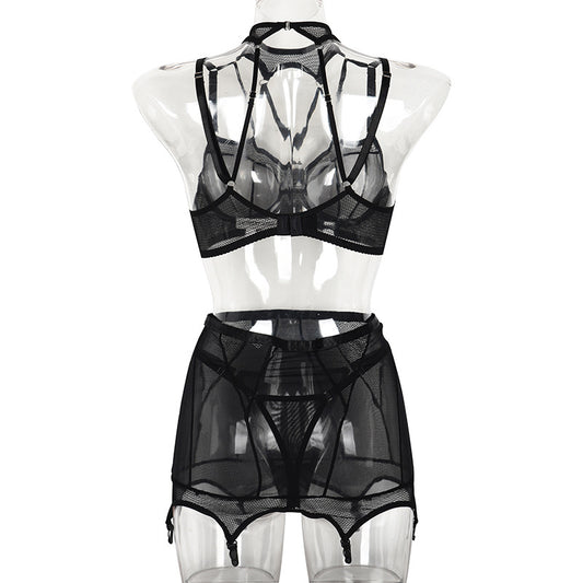 3-Piece Set Black Mesh Halterneck Bra with Hip Cover Garters Back View