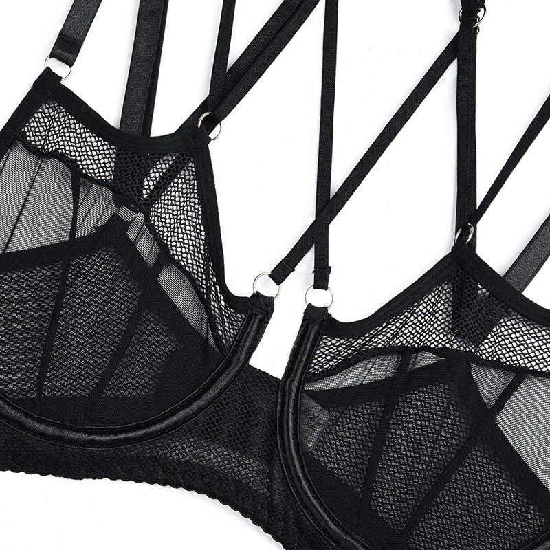 3-Piece Set Black Mesh Halterneck Bra with Hip Cover Garters Bra Show