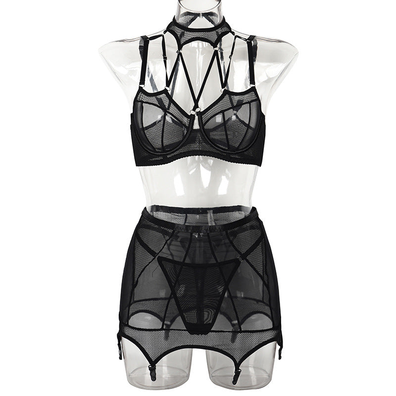 3-Piece Set Black Mesh Halterneck Bra with Hip Cover Garters Front View