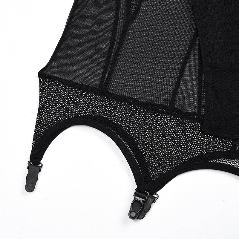 3-Piece Set Black Mesh Halterneck Bra with Hip Cover Garters Garter Details