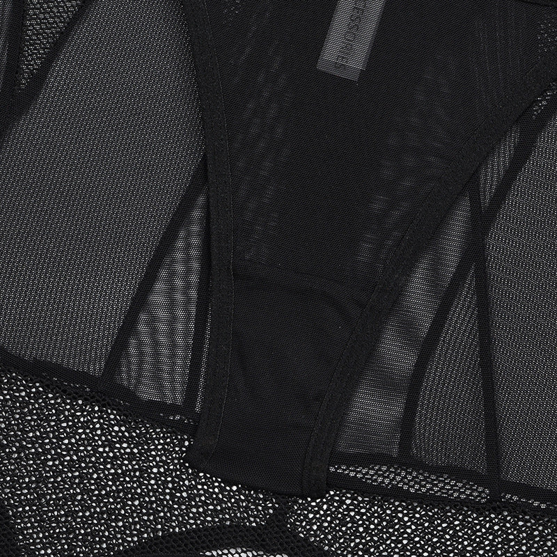 3-Piece Set Black Mesh Halterneck Bra with Hip Cover Garters Mesh Details