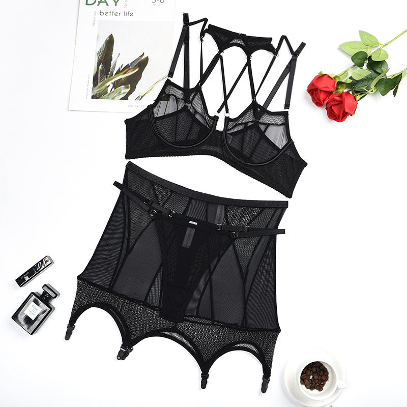 3-Piece Set Black Mesh Halterneck Bra with Hip Cover Garters Over View