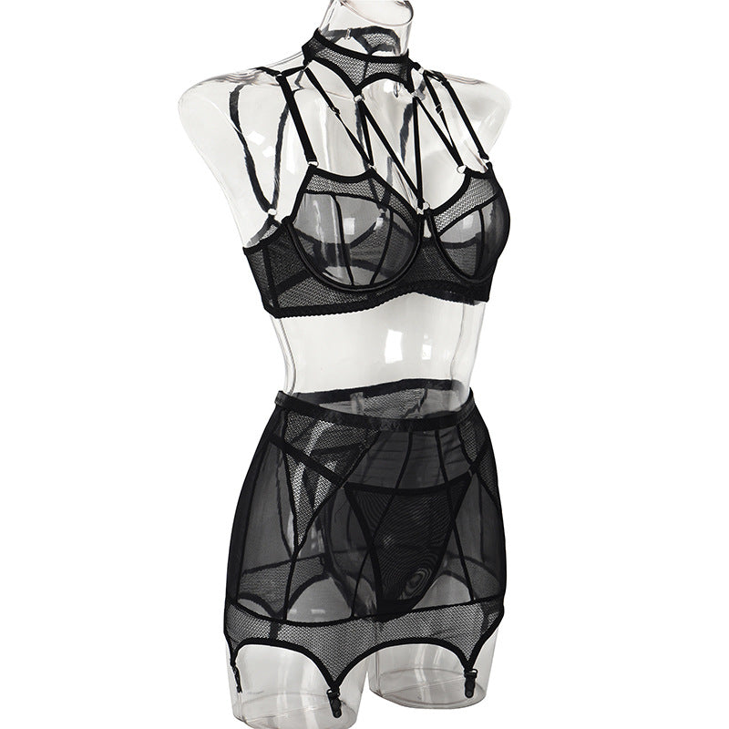 3-Piece Set Black Mesh Halterneck Bra with Hip Cover Garters Side View