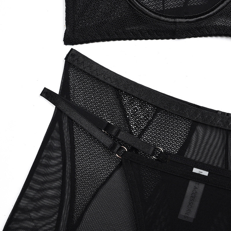 3-Piece Set Black Mesh Halterneck Bra with Hip Cover Garters Waist Details