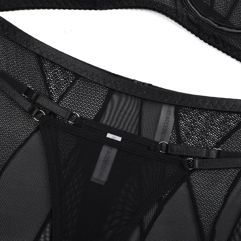 3-Piece Set Black Mesh Halterneck Bra with Hip Cover Garters Wait Show