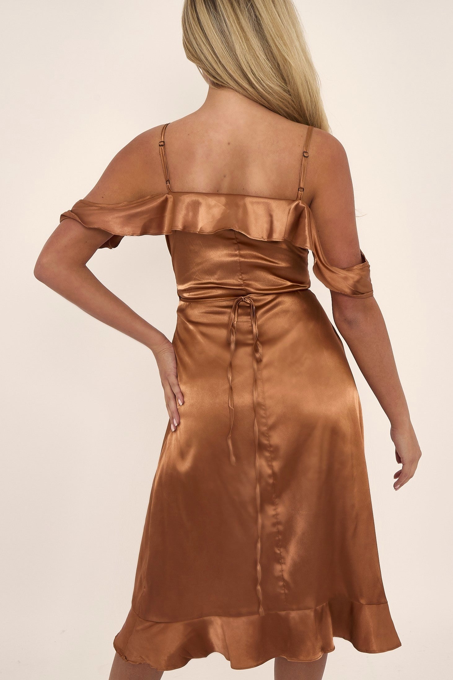Bronze Off Shoulder Satin Midi Dress-2