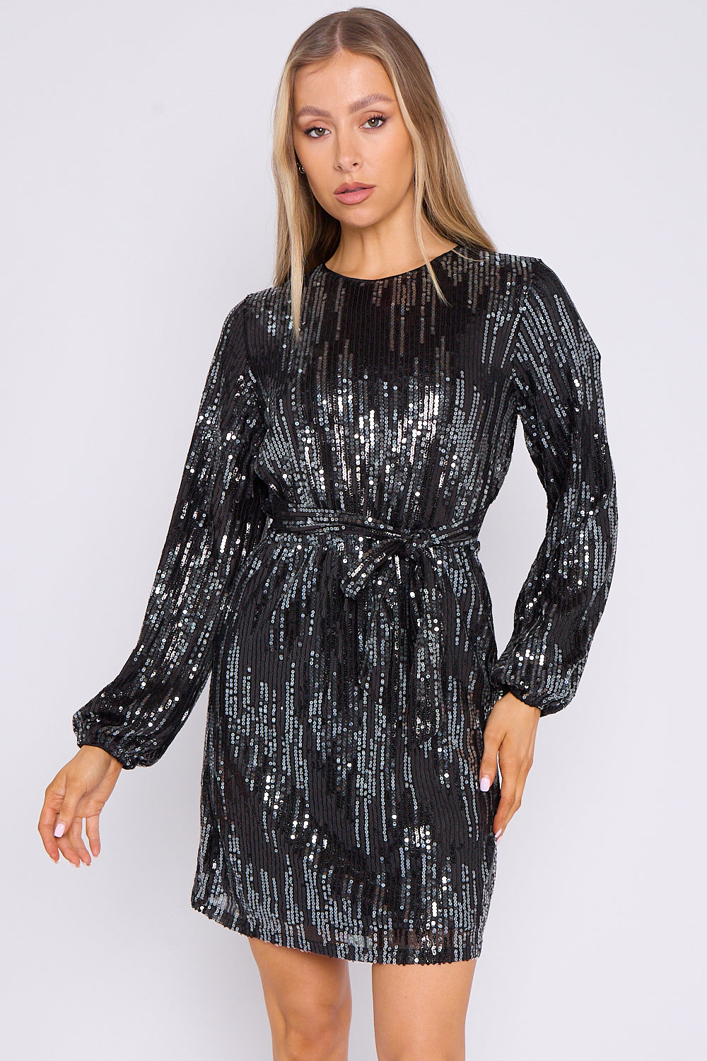 Elle Black Silver Sequin Long Sleeve Dress-1