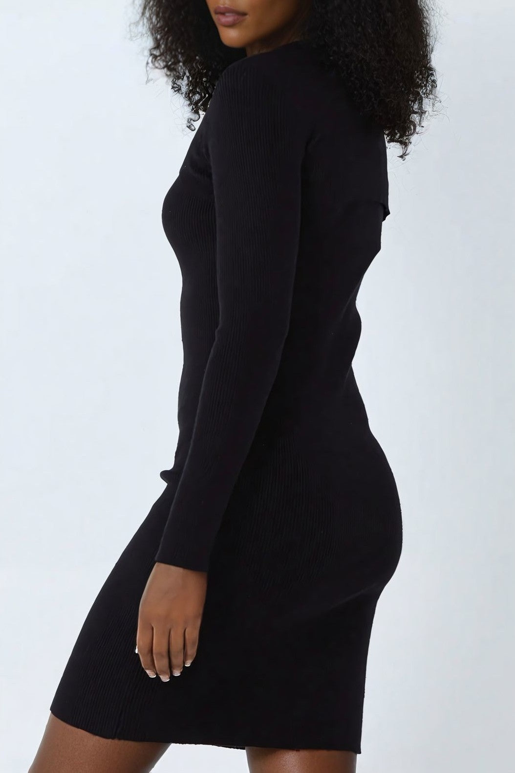 Black Ribbed Cut Out Round Neck Dress-2
