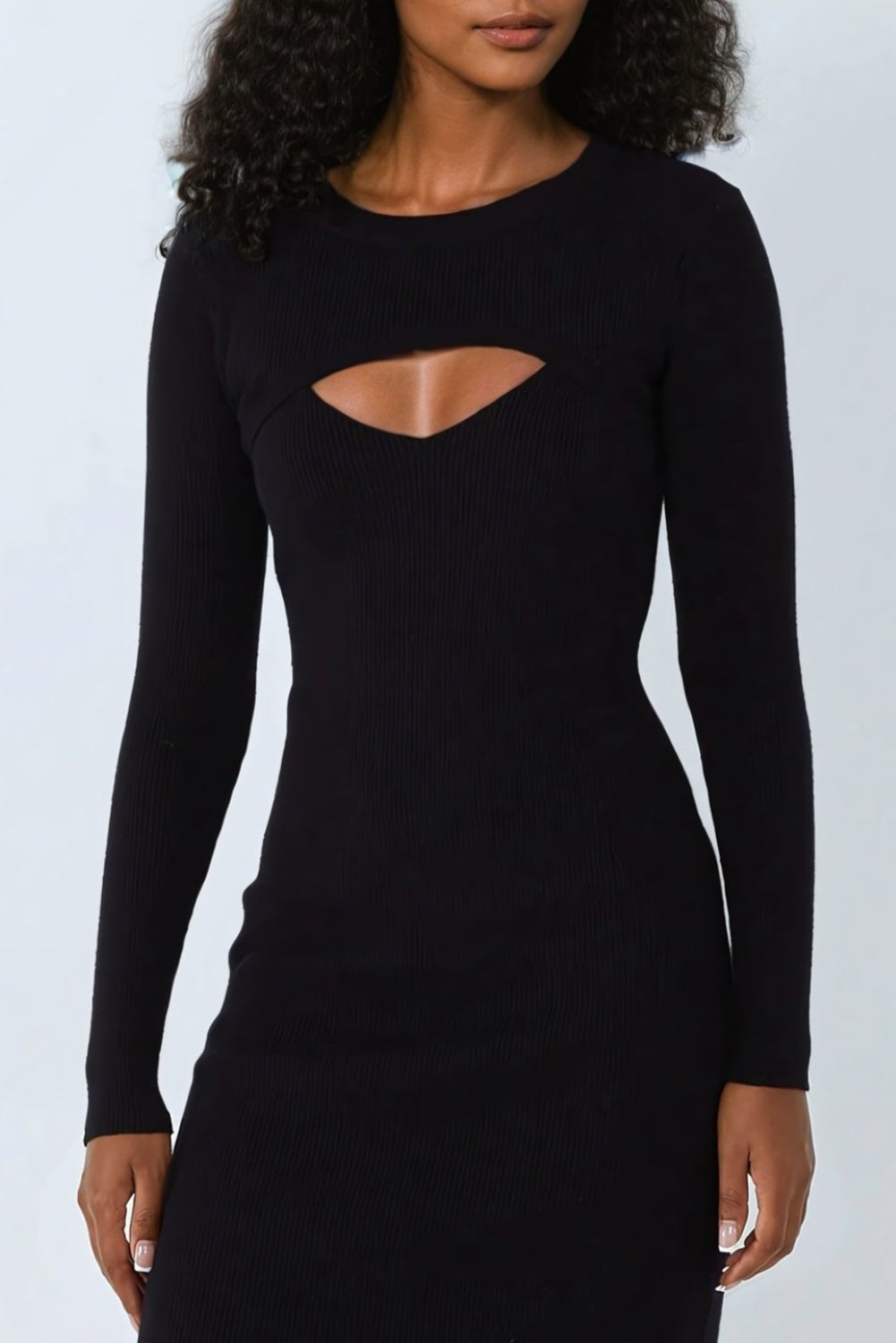 Black Ribbed Cut Out Round Neck Dress-1
