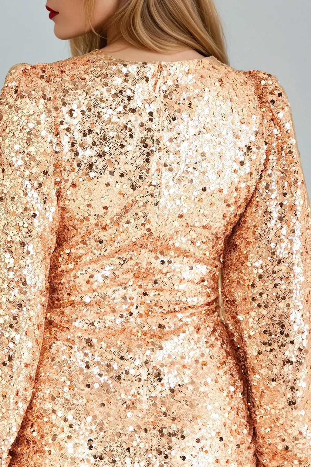 Rose Gold Sequin V-Neck Long Sleeve Bodycon Dress-2