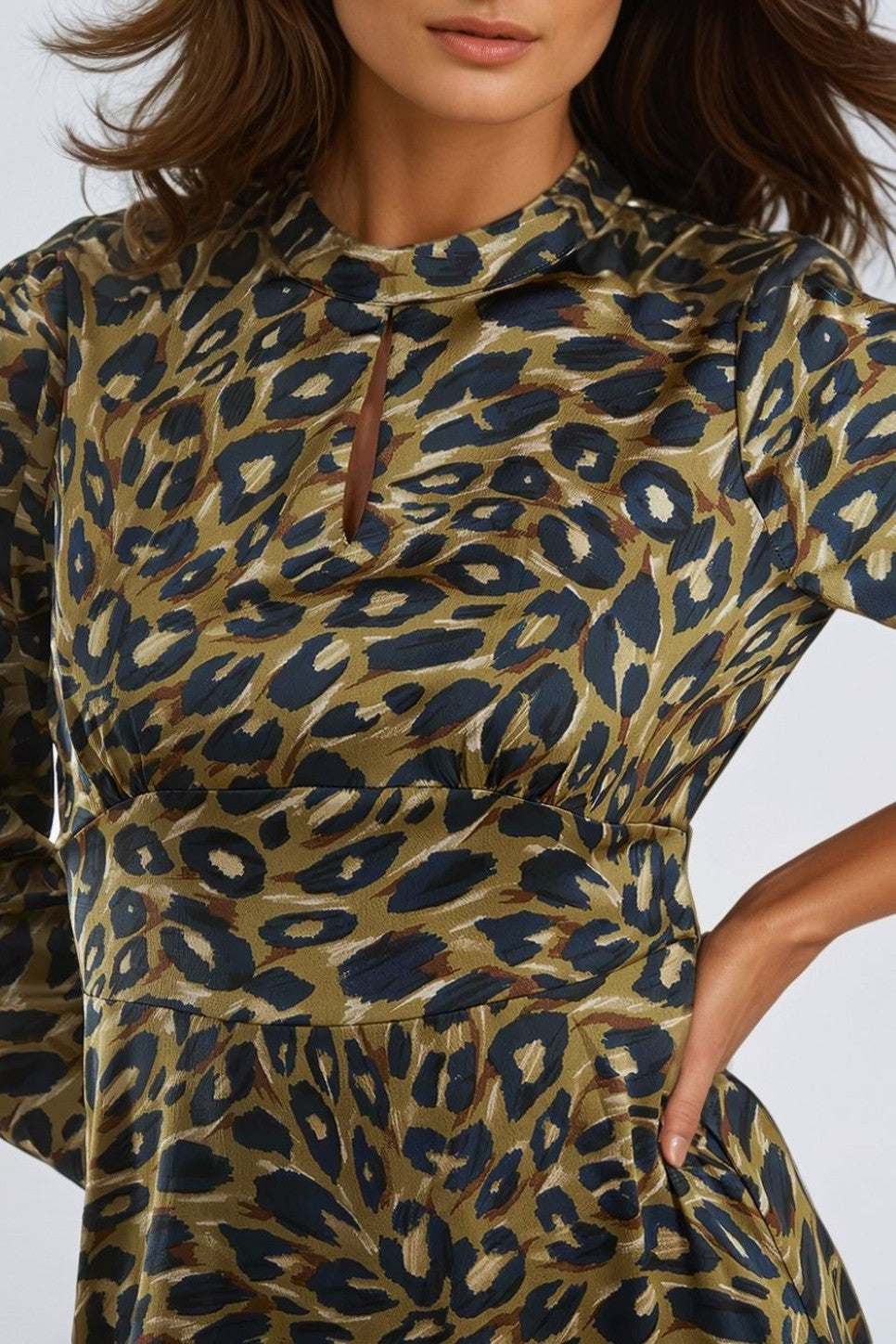 Khaki Animal High Neck Keyhole Mini Dress-3