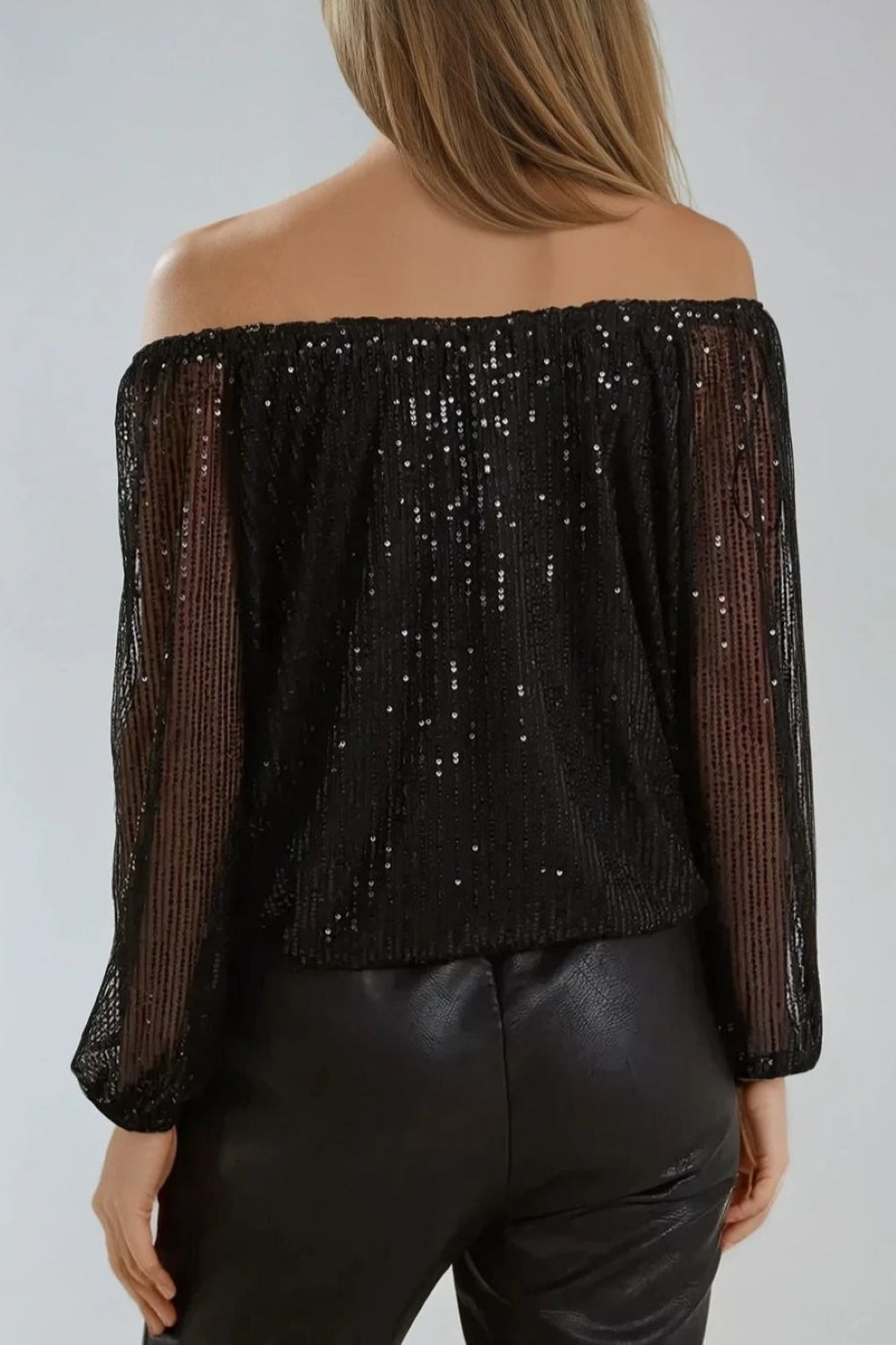 Black Sequin Long Sleeve Bardot Top-3