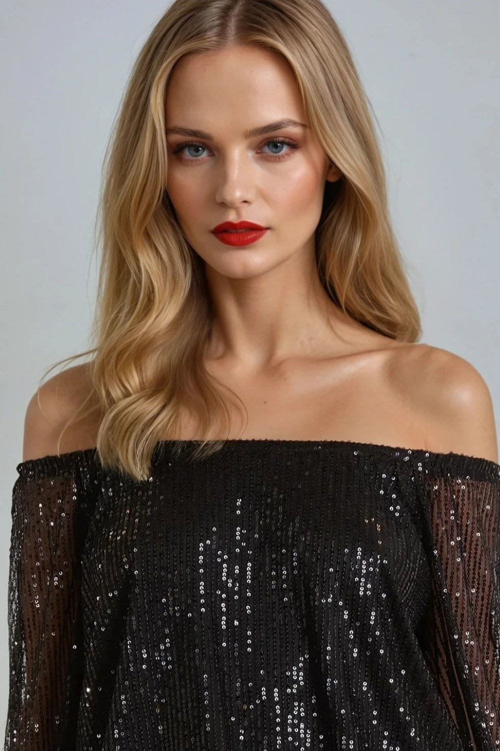 Black Sequin Long Sleeve Bardot Top-1