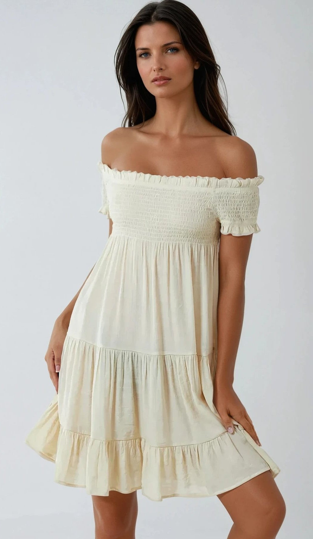 Beige Bardot Shirred Mini Dress-2