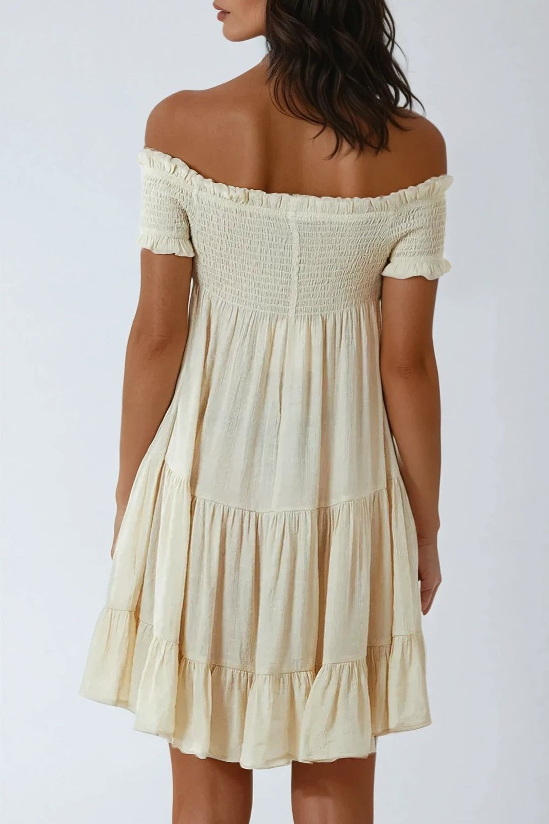 Beige Bardot Shirred Mini Dress-1