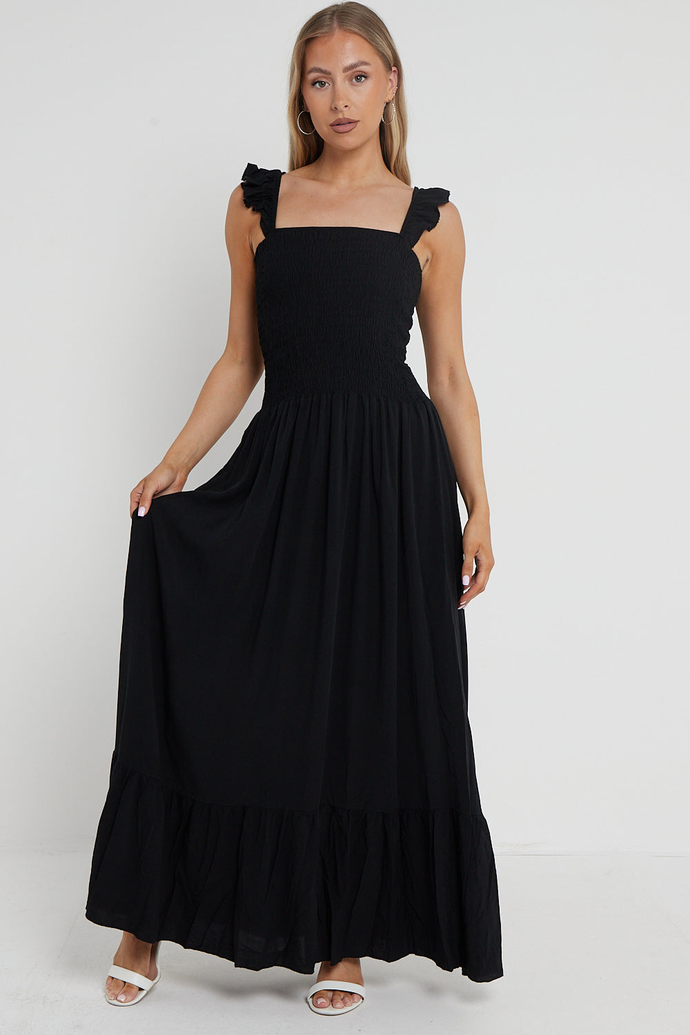 Black Shirred Maxi Dress With Frill-4