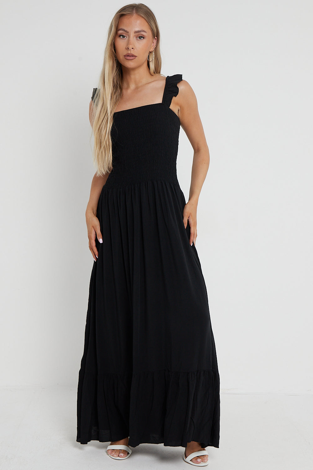Black Shirred Maxi Dress With Frill-0