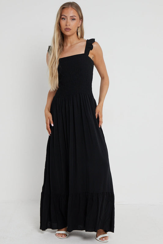 Black Shirred Maxi Dress With Frill-0