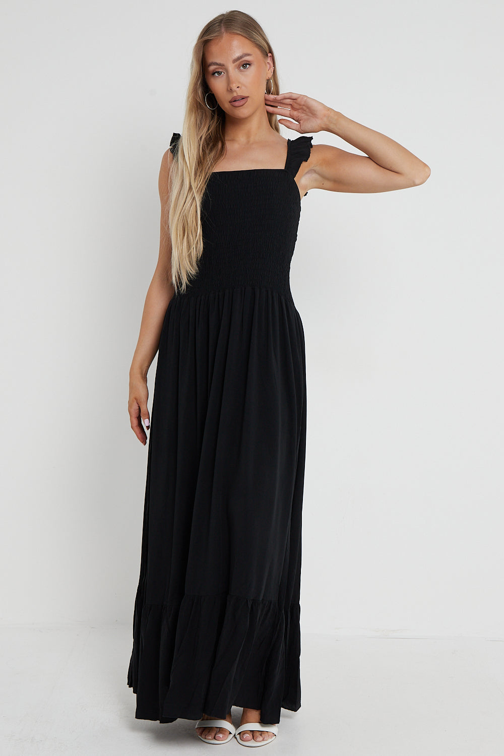 Black Shirred Maxi Dress With Frill-1