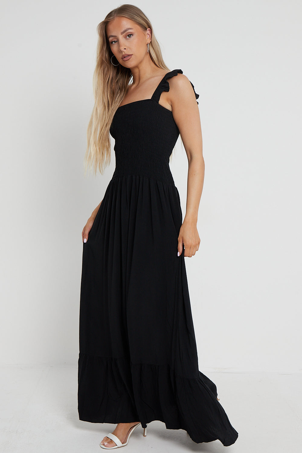 Black Shirred Maxi Dress With Frill-2