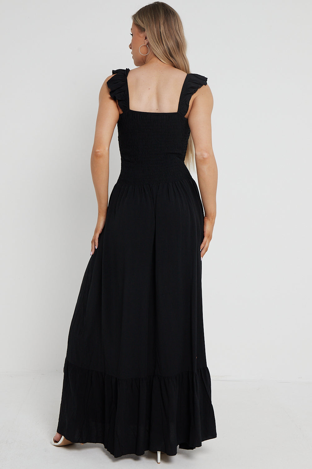 Black Shirred Maxi Dress With Frill-3