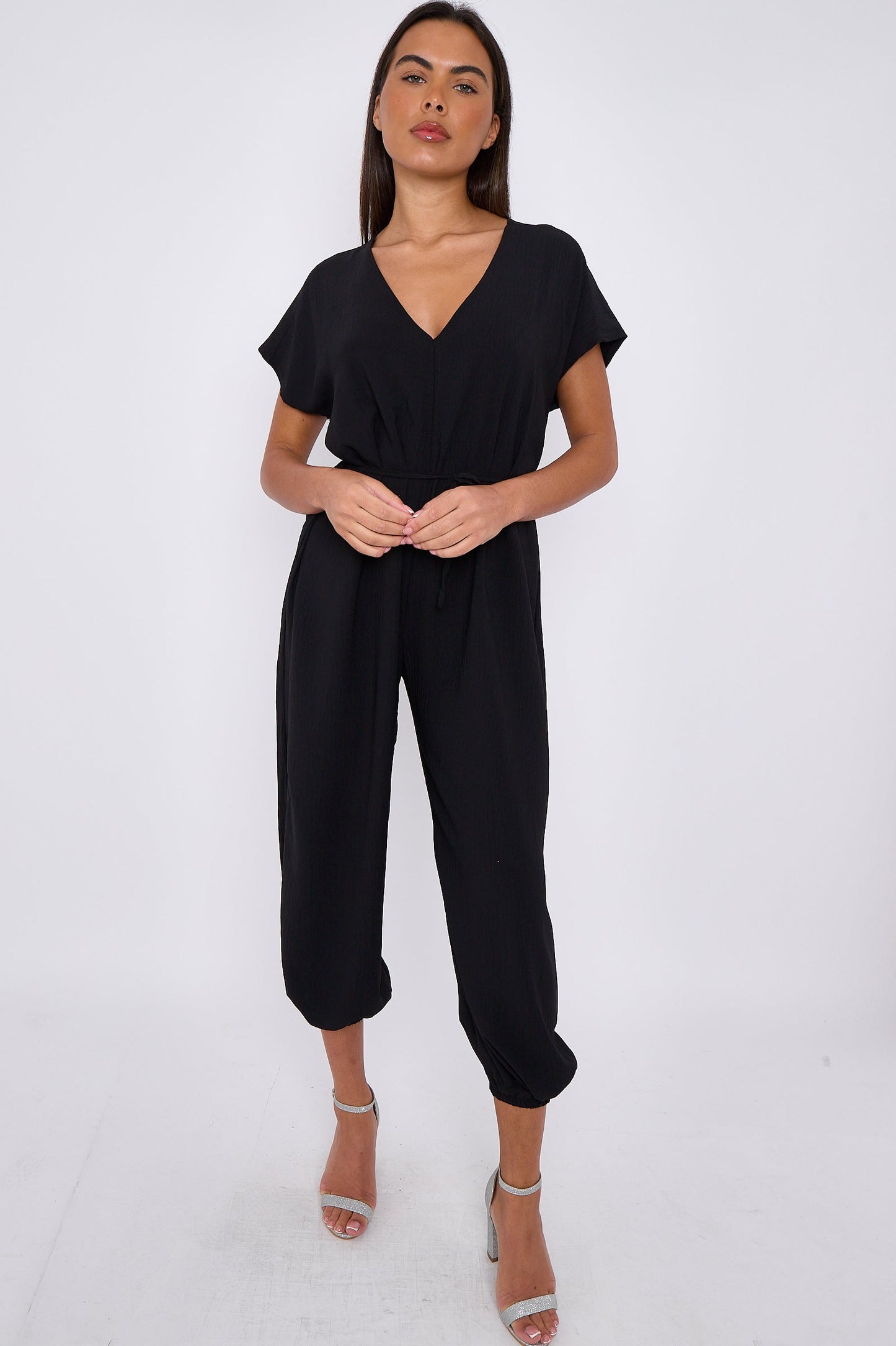 Black V-Neck Belted Jumpsuit-2