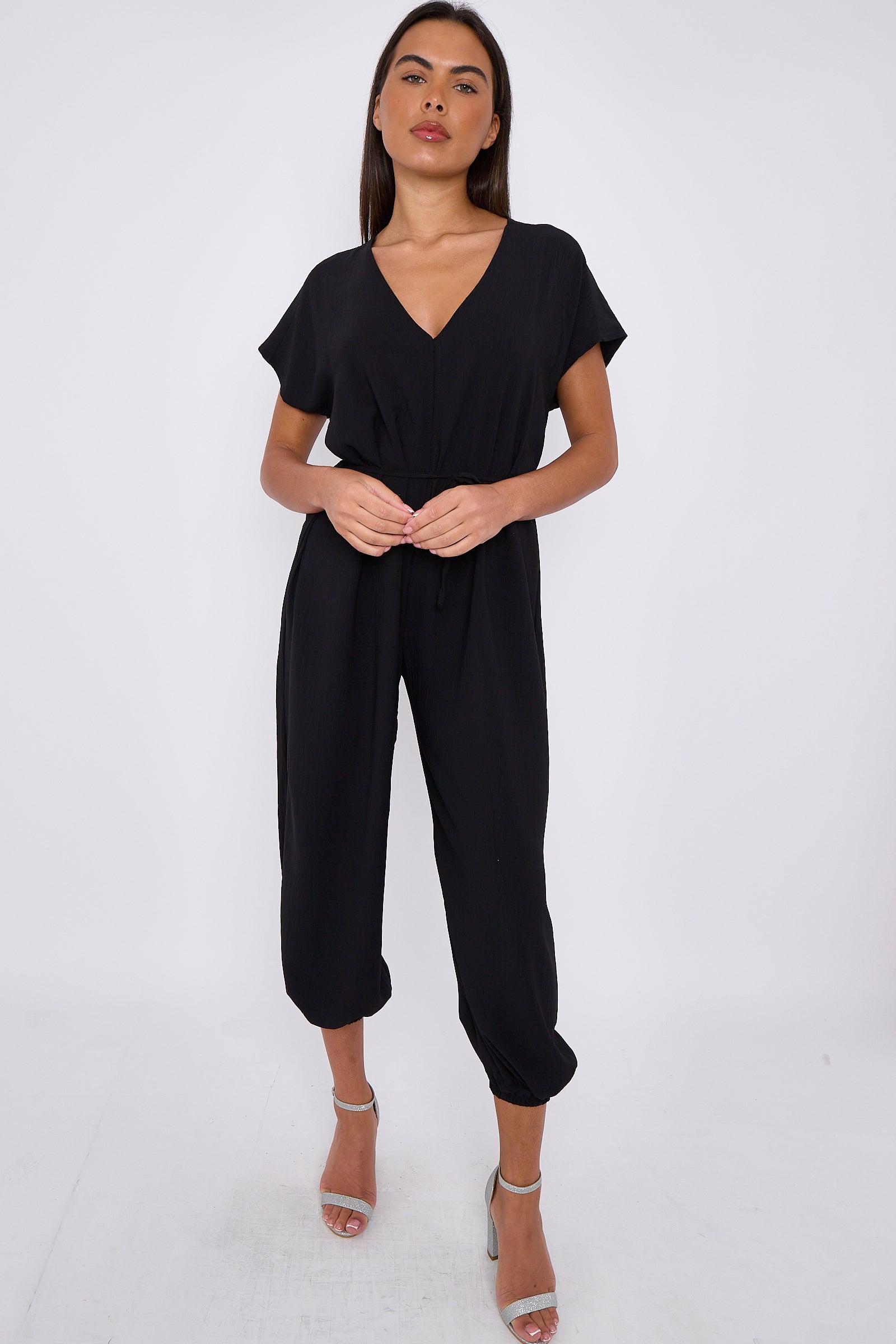 Black V-Neck Belted Jumpsuit-2