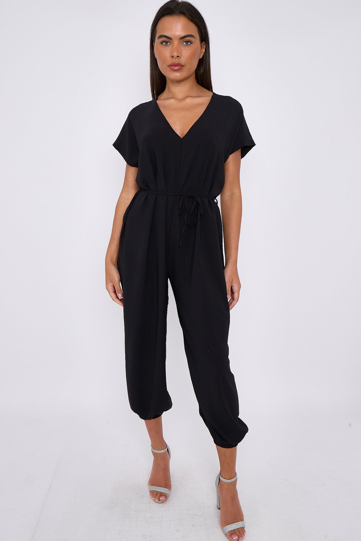 Black V-Neck Belted Jumpsuit-1