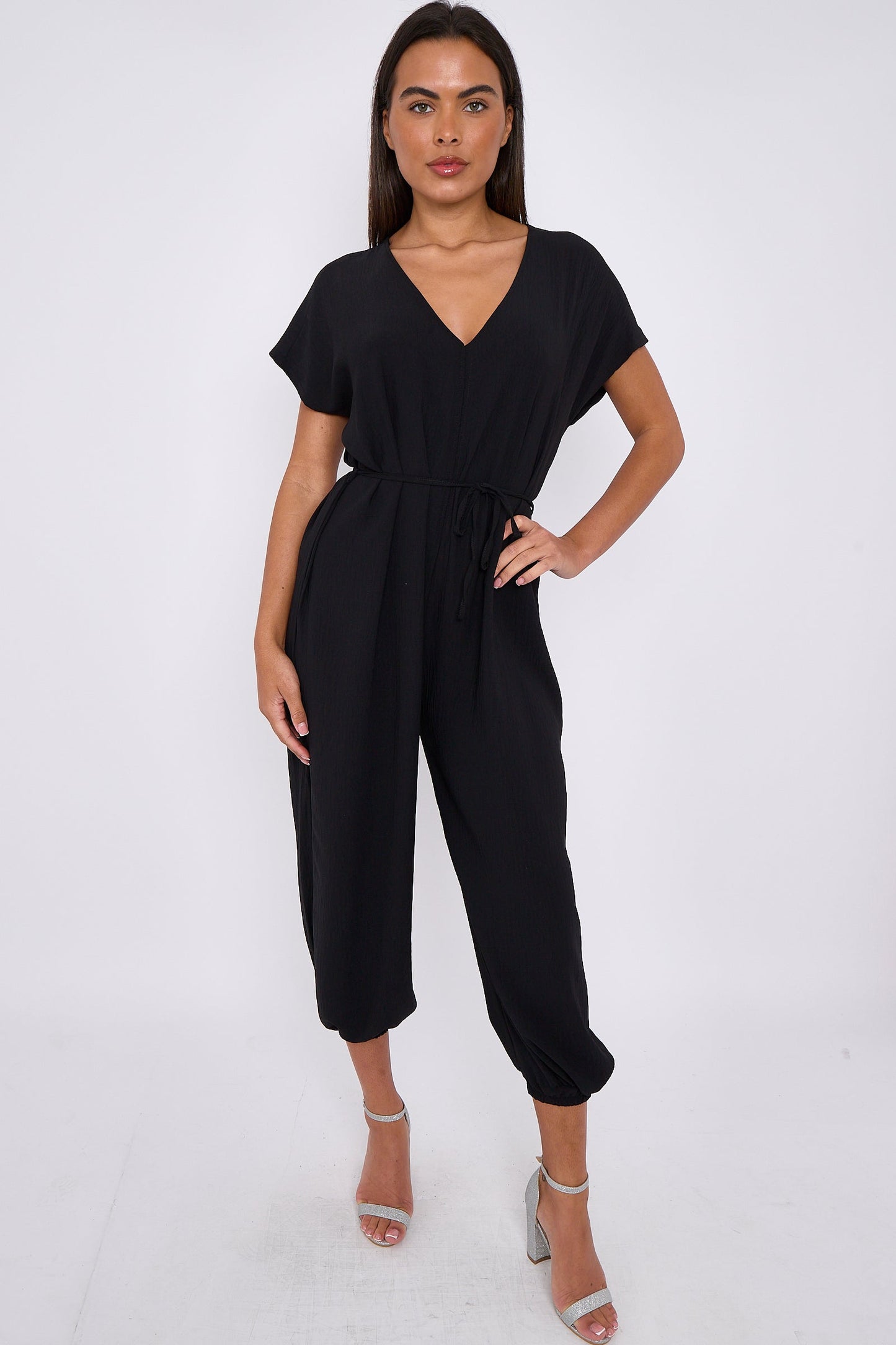 Black V-Neck Belted Jumpsuit-3