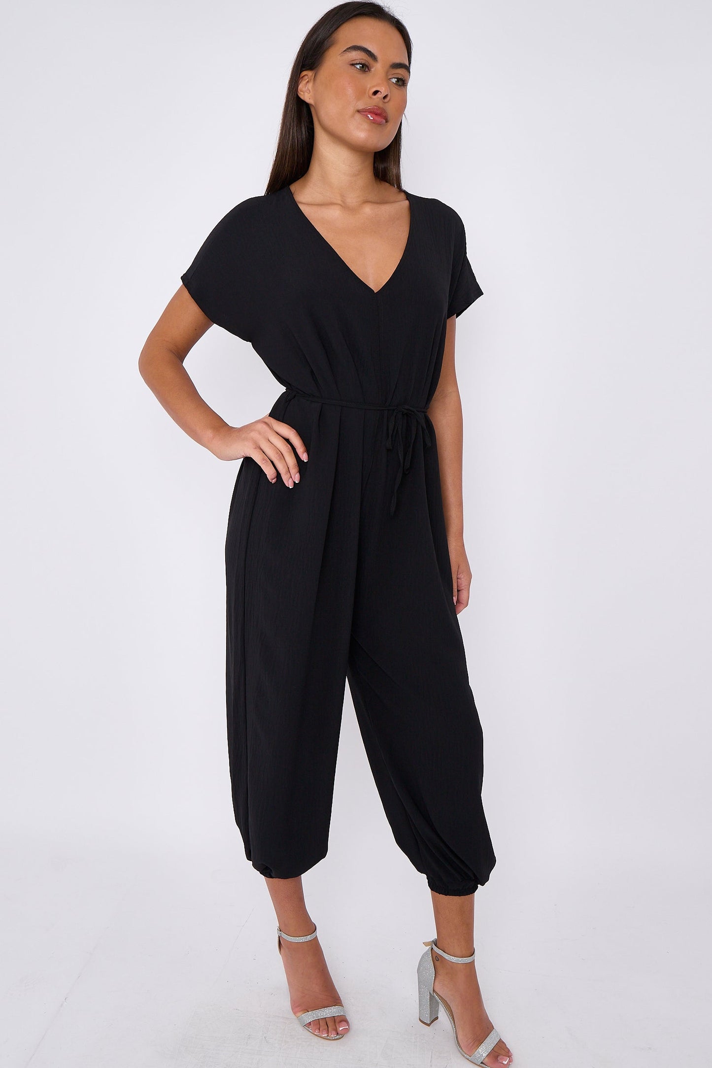 Black V-Neck Belted Jumpsuit-4