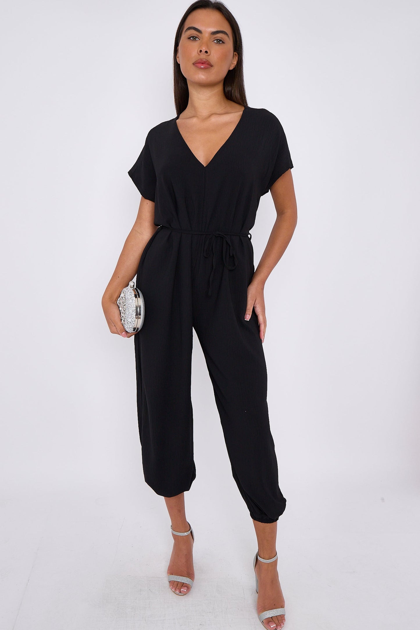 Black V-Neck Belted Jumpsuit-0