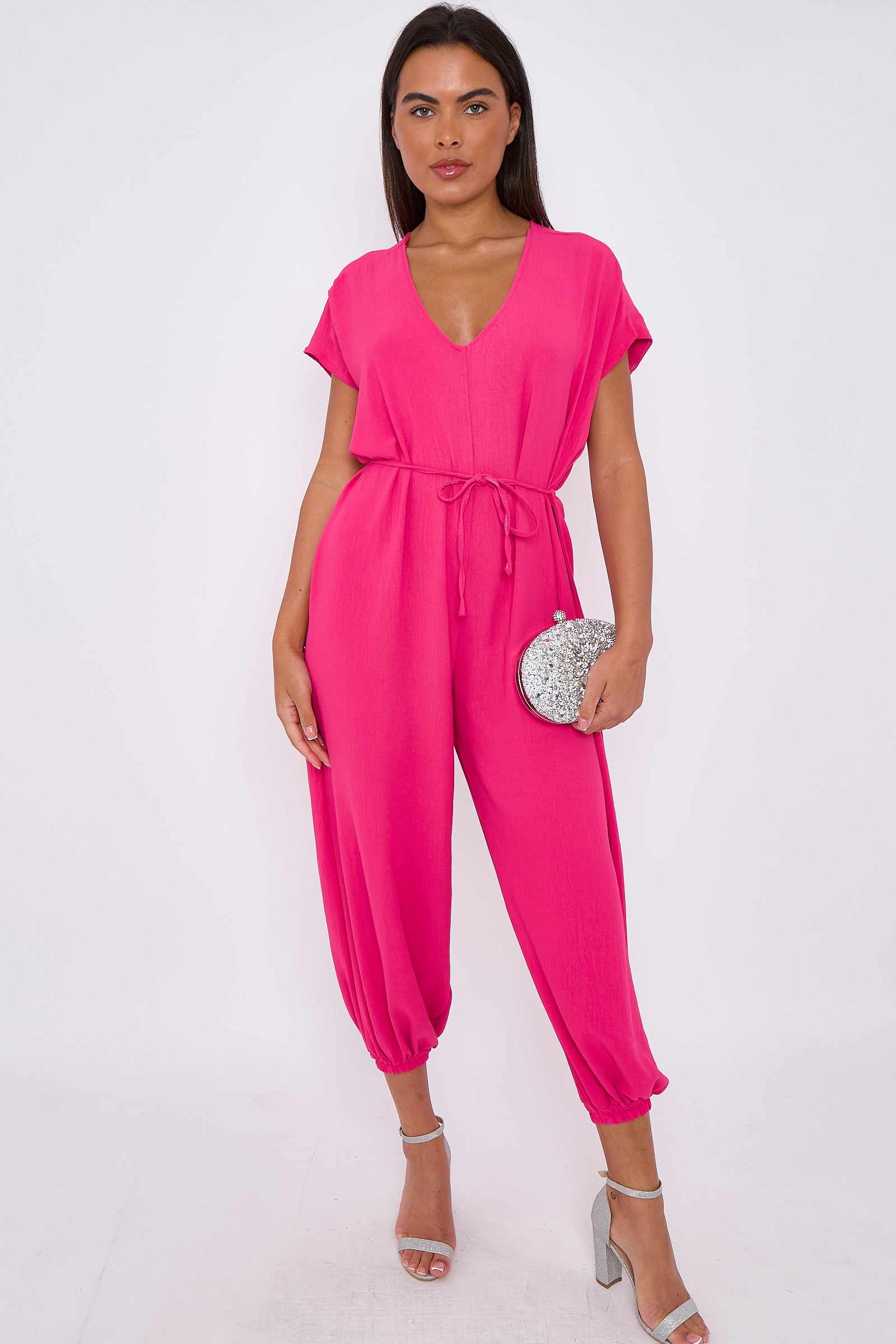 Fuchsia V-Neck Belted Jumpsuit-4