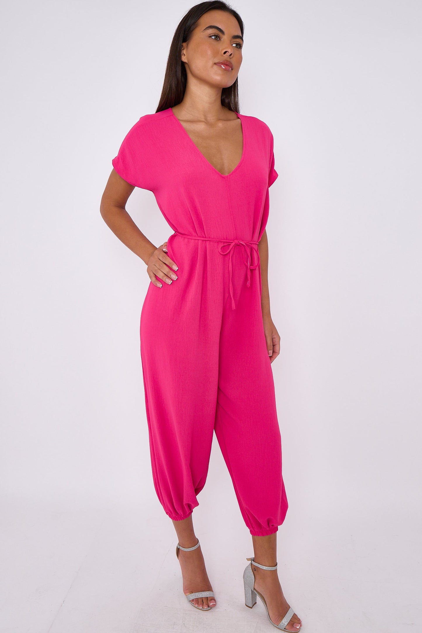 Fuchsia V-Neck Belted Jumpsuit-3