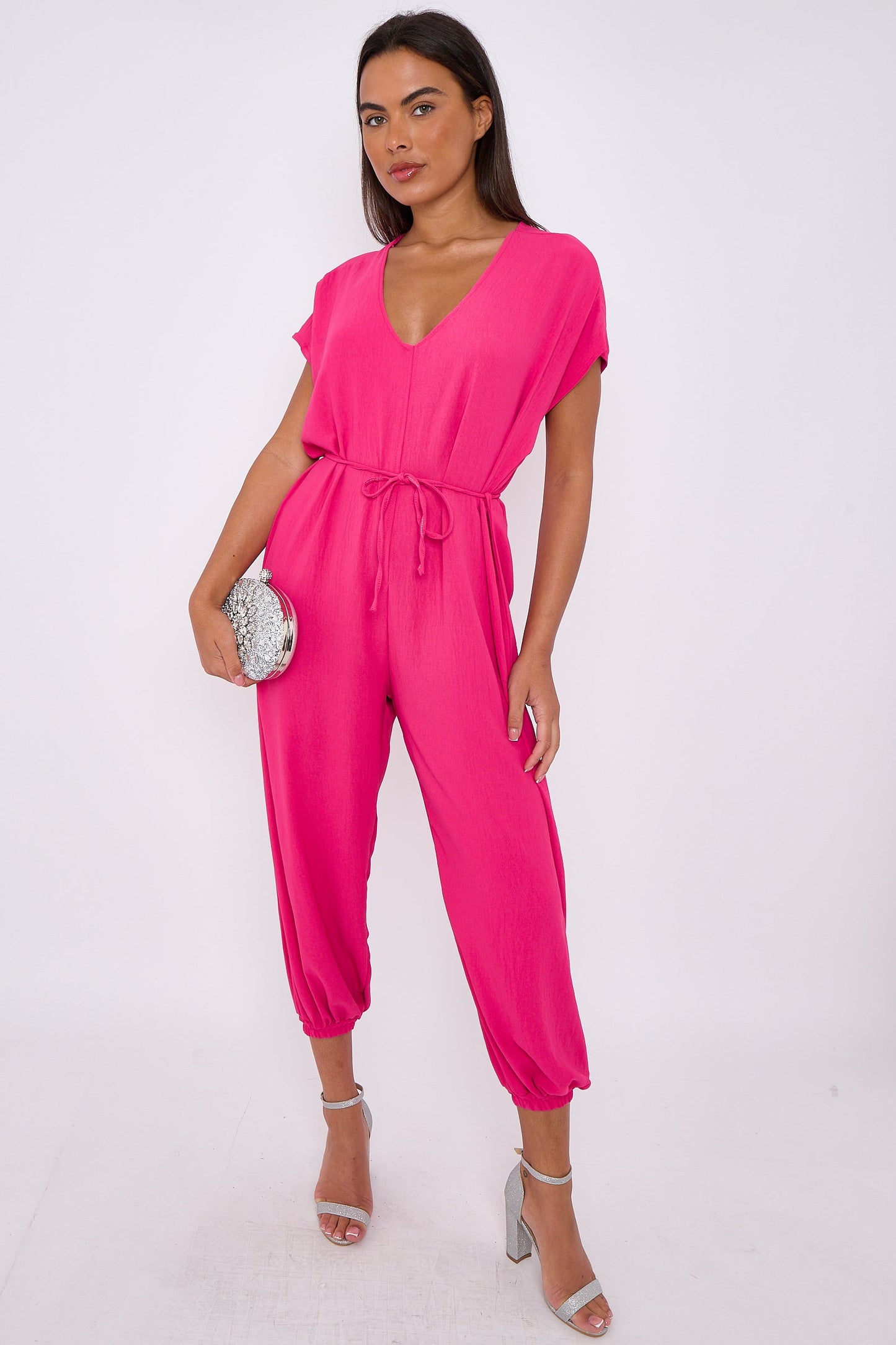 Fuchsia V-Neck Belted Jumpsuit-2