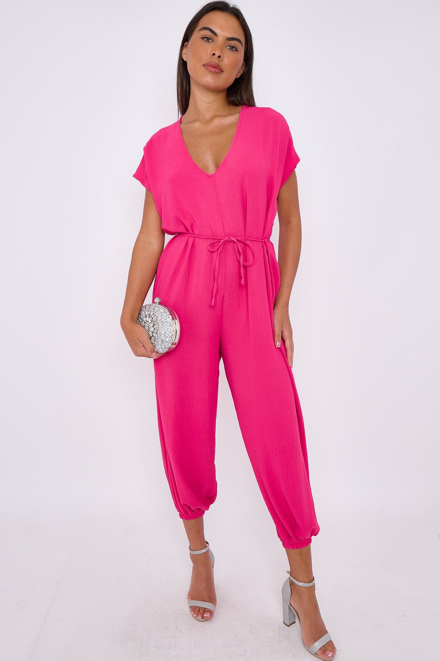 Fuchsia V-Neck Belted Jumpsuit-0