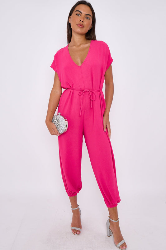 Fuchsia V-Neck Belted Jumpsuit-0