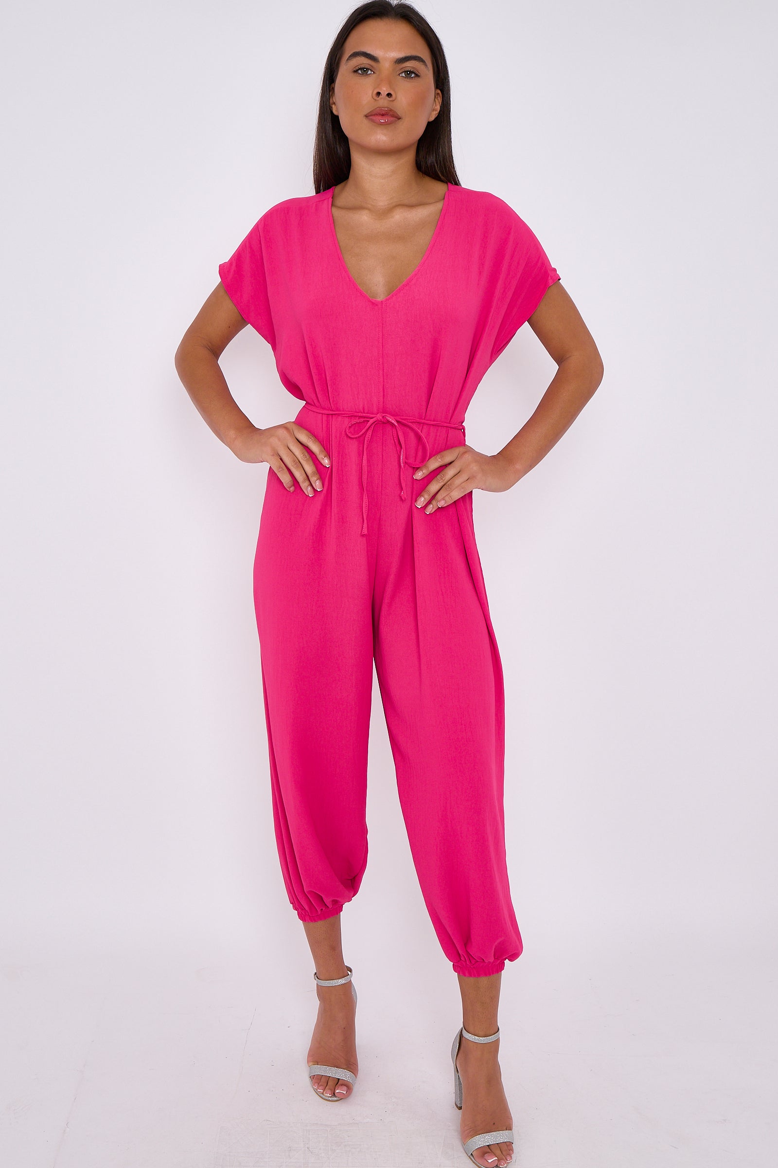 Fuchsia V-Neck Belted Jumpsuit-1