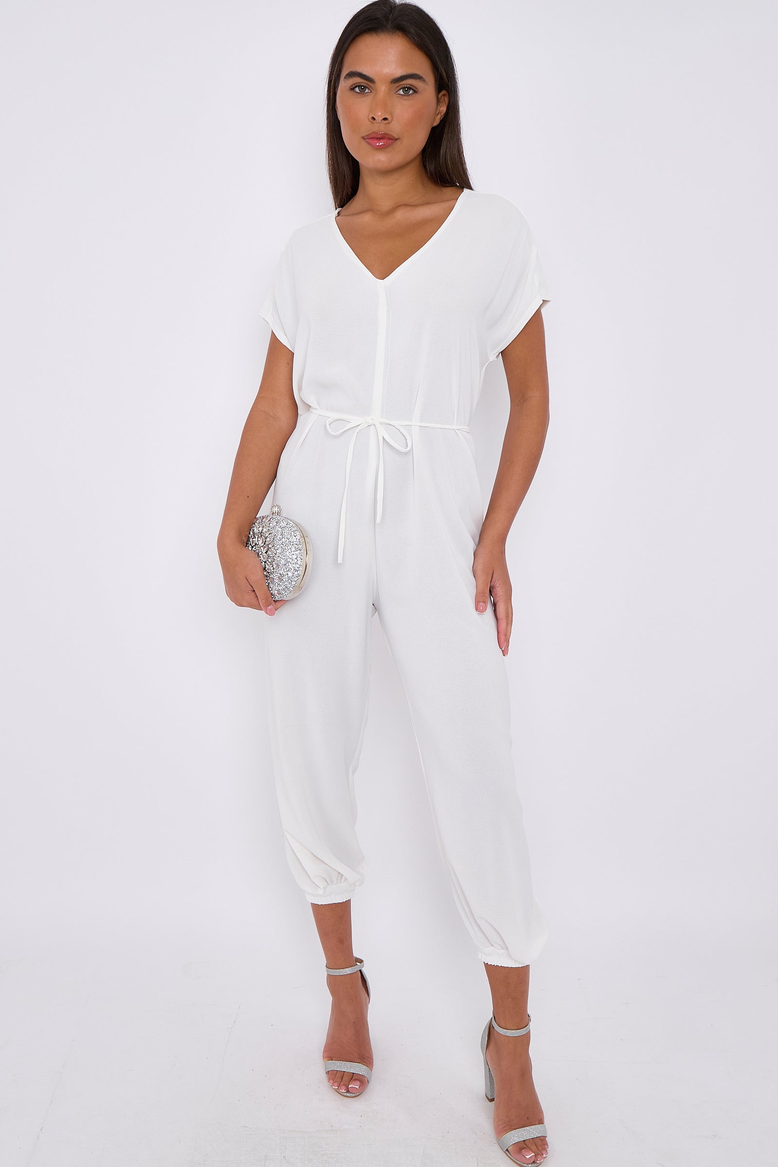 White V-Neck Belted Jumpsuit-4