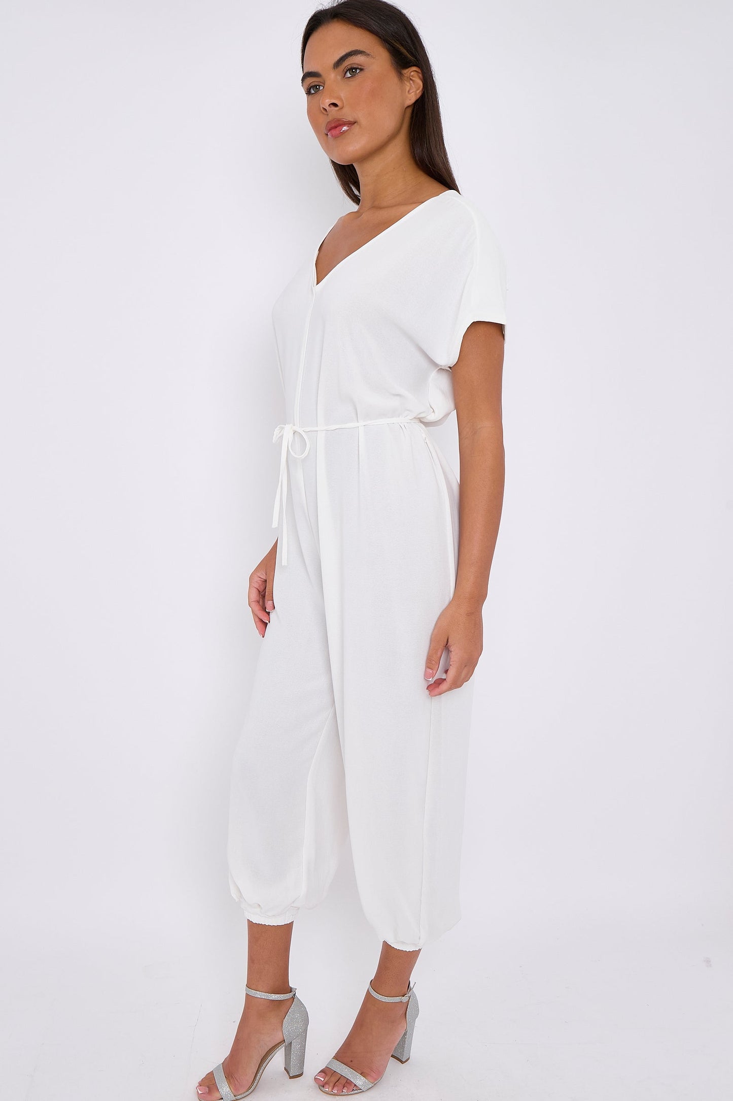White V-Neck Belted Jumpsuit-3