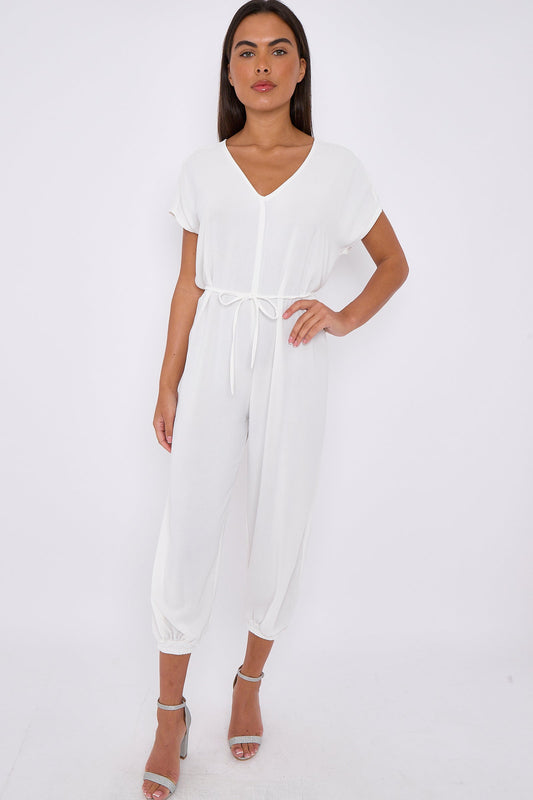 White V-Neck Belted Jumpsuit-0