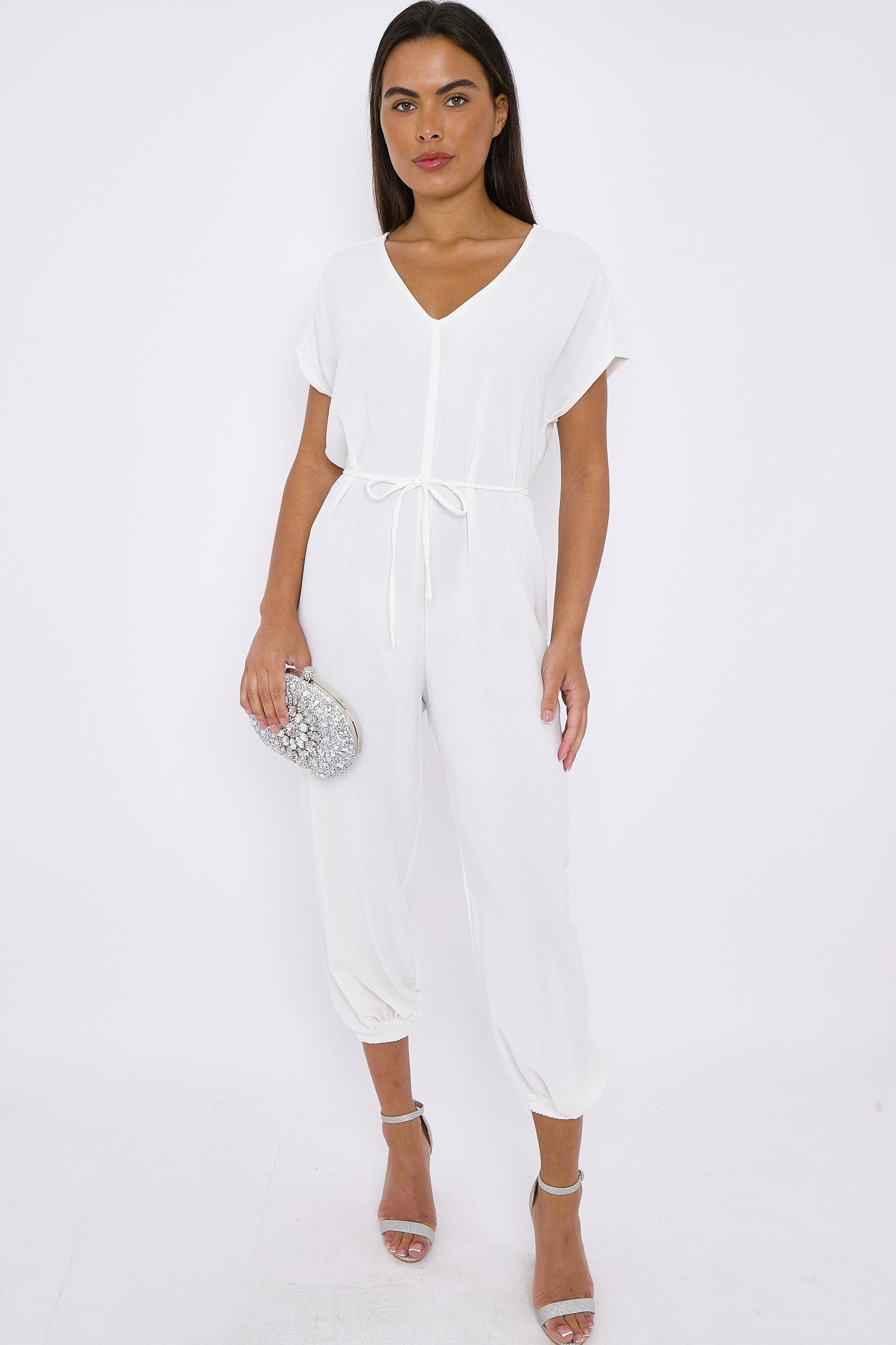 White V-Neck Belted Jumpsuit-1