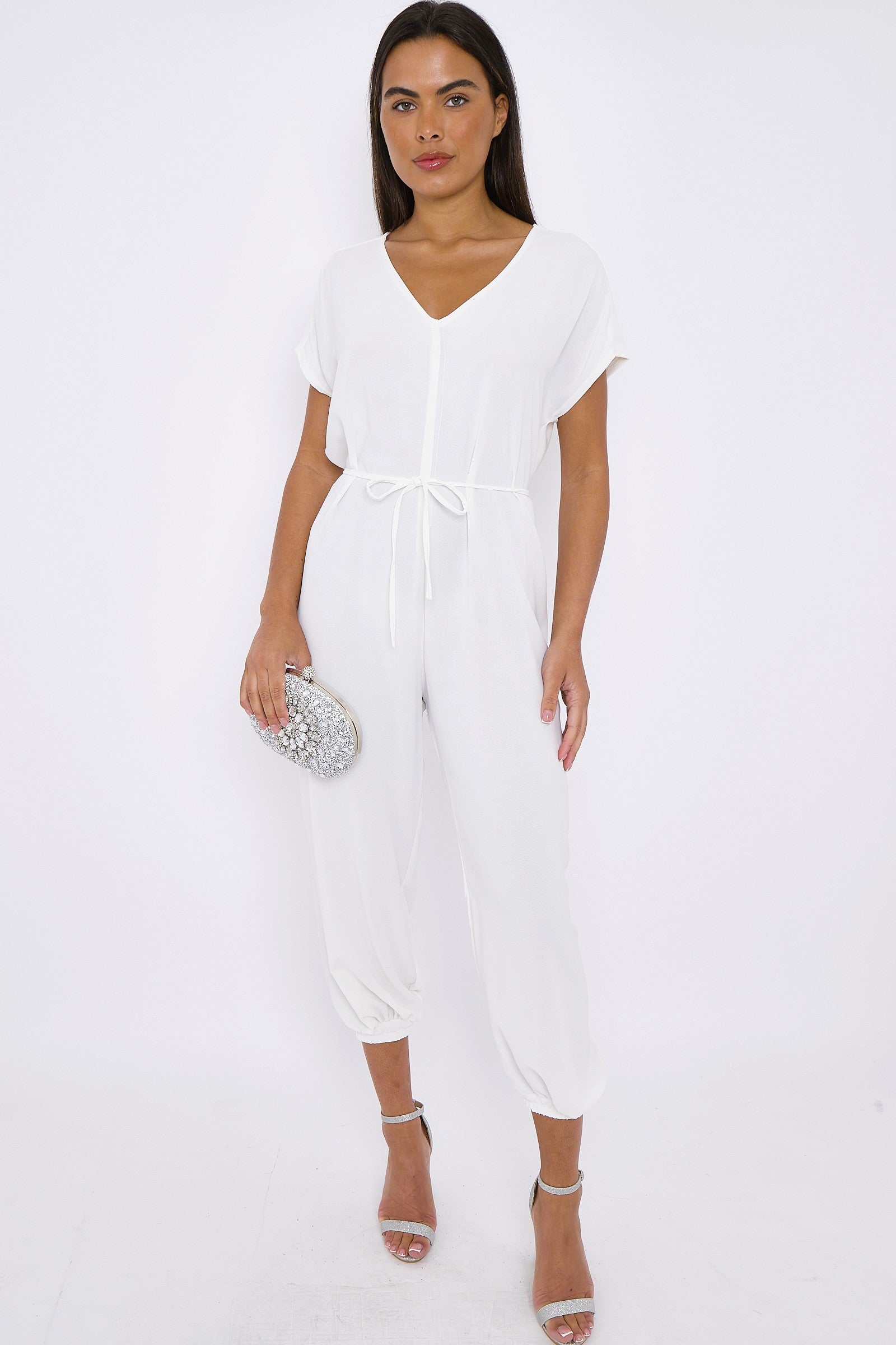 White V-Neck Belted Jumpsuit-1