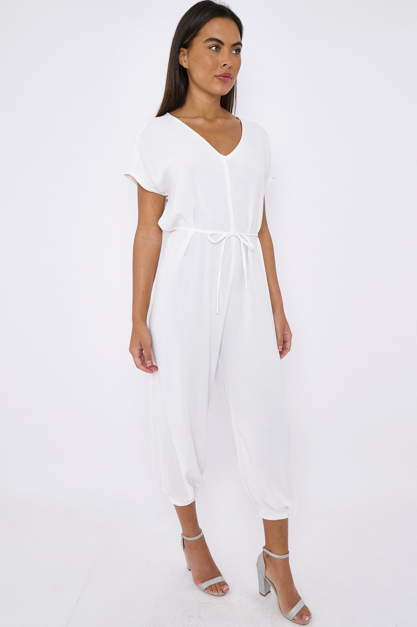White V-Neck Belted Jumpsuit-2