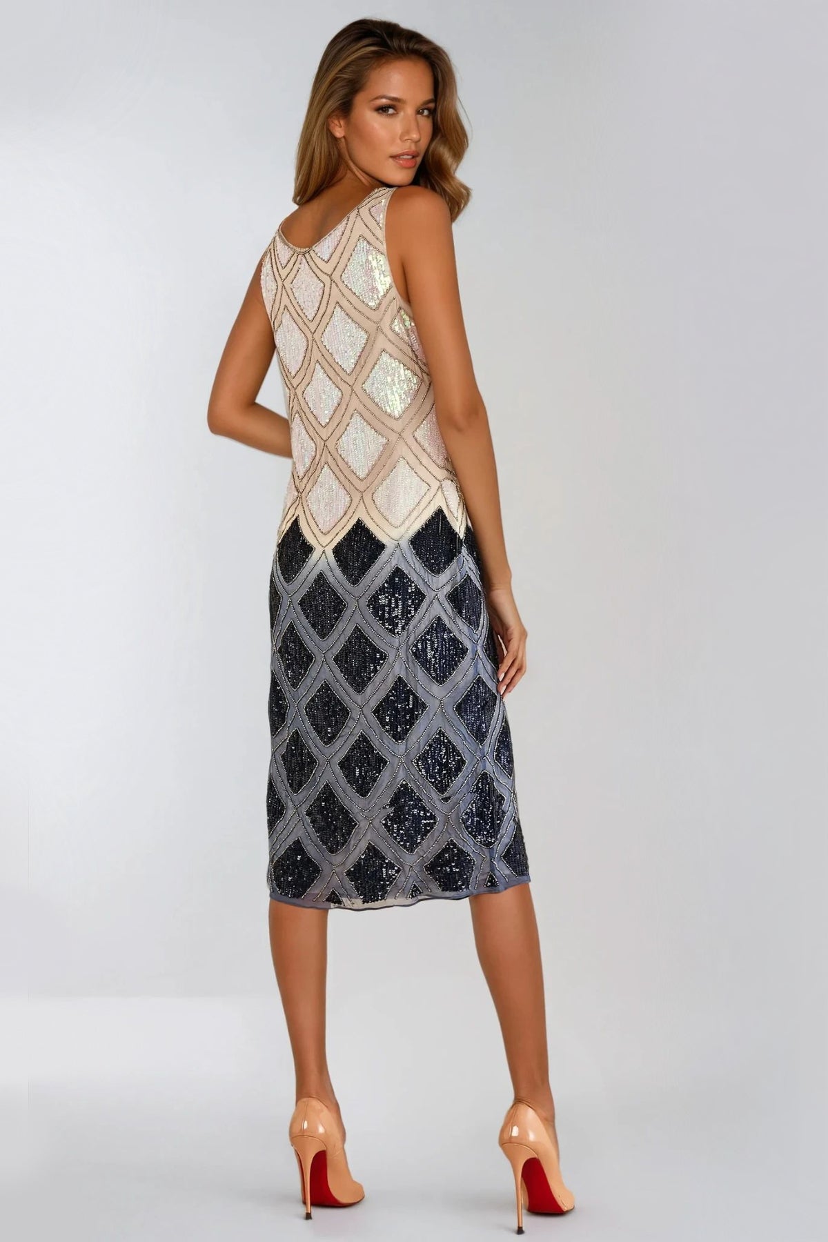 Navy Beige Sequin Diamond Pattern Midi Dress-2