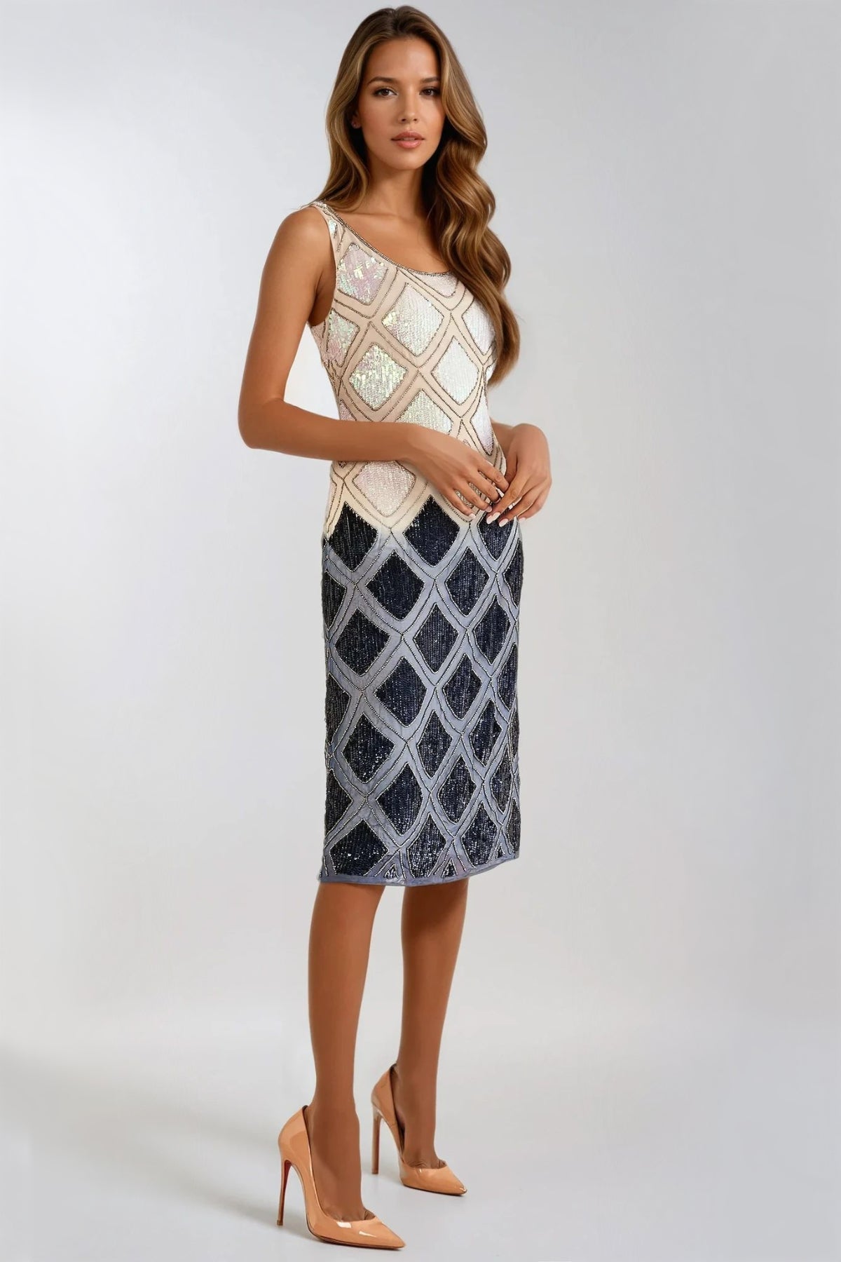 Navy Beige Sequin Diamond Pattern Midi Dress-0